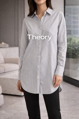 Theory Gray White Stripe Button Front Shirt Womens‎ Size P Career Top